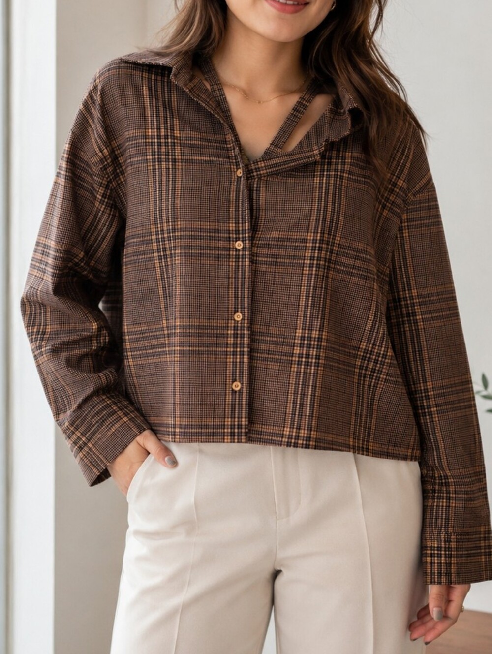 Oak + Fort Brown Tan Plaid Button-Front Shirt Jacket Shacket Overshirt Collared
